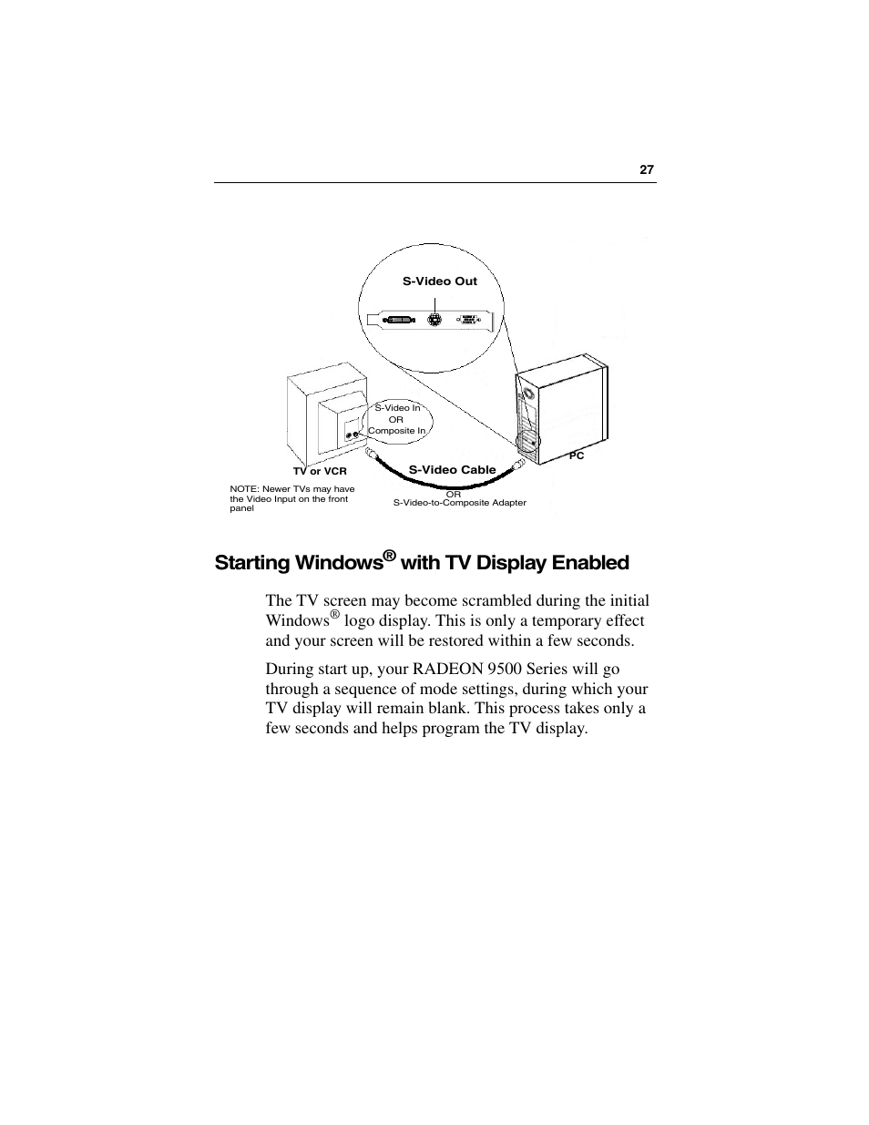 Starting windows® with tv display enabled, Starting windows, With tv display enabled | ATI Technologies RADEON 9500 SERIES User Manual | Page 32 / 37