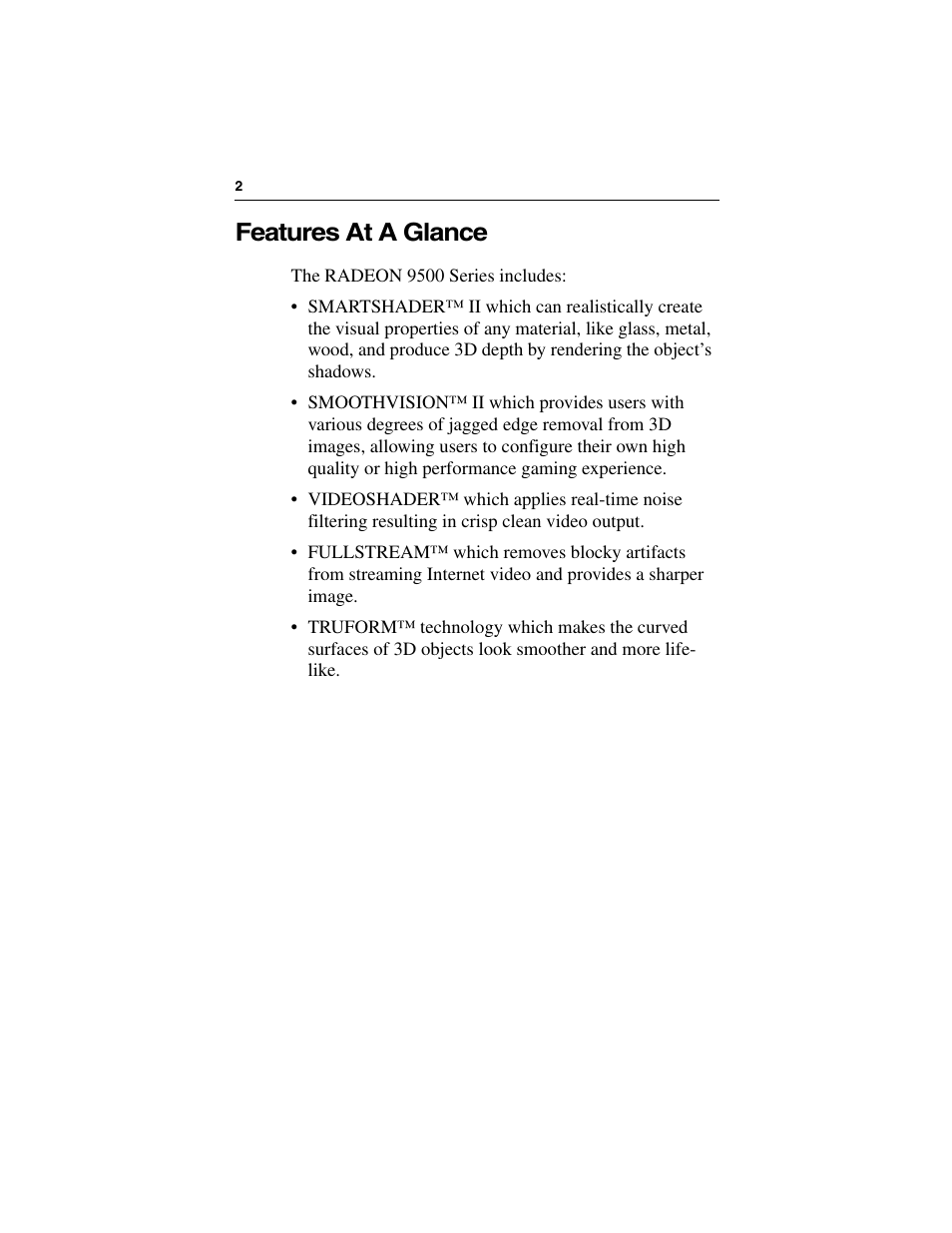 Features at a glance | ATI Technologies RADEON 9500 SERIES User Manual | Page 6 / 37