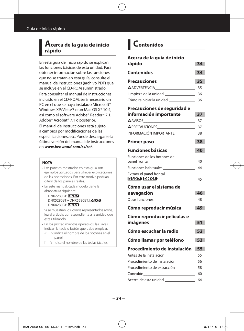Cerca de la guía de inicio rápido, Ontenidos | Kenwood DNX7280BT User Manual | Page 2 / 33