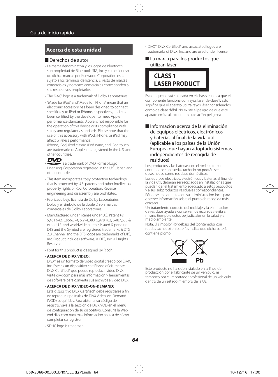 Class 1 laser product, Acerca de esta unidad | Kenwood DNX7280BT User Manual | Page 32 / 33