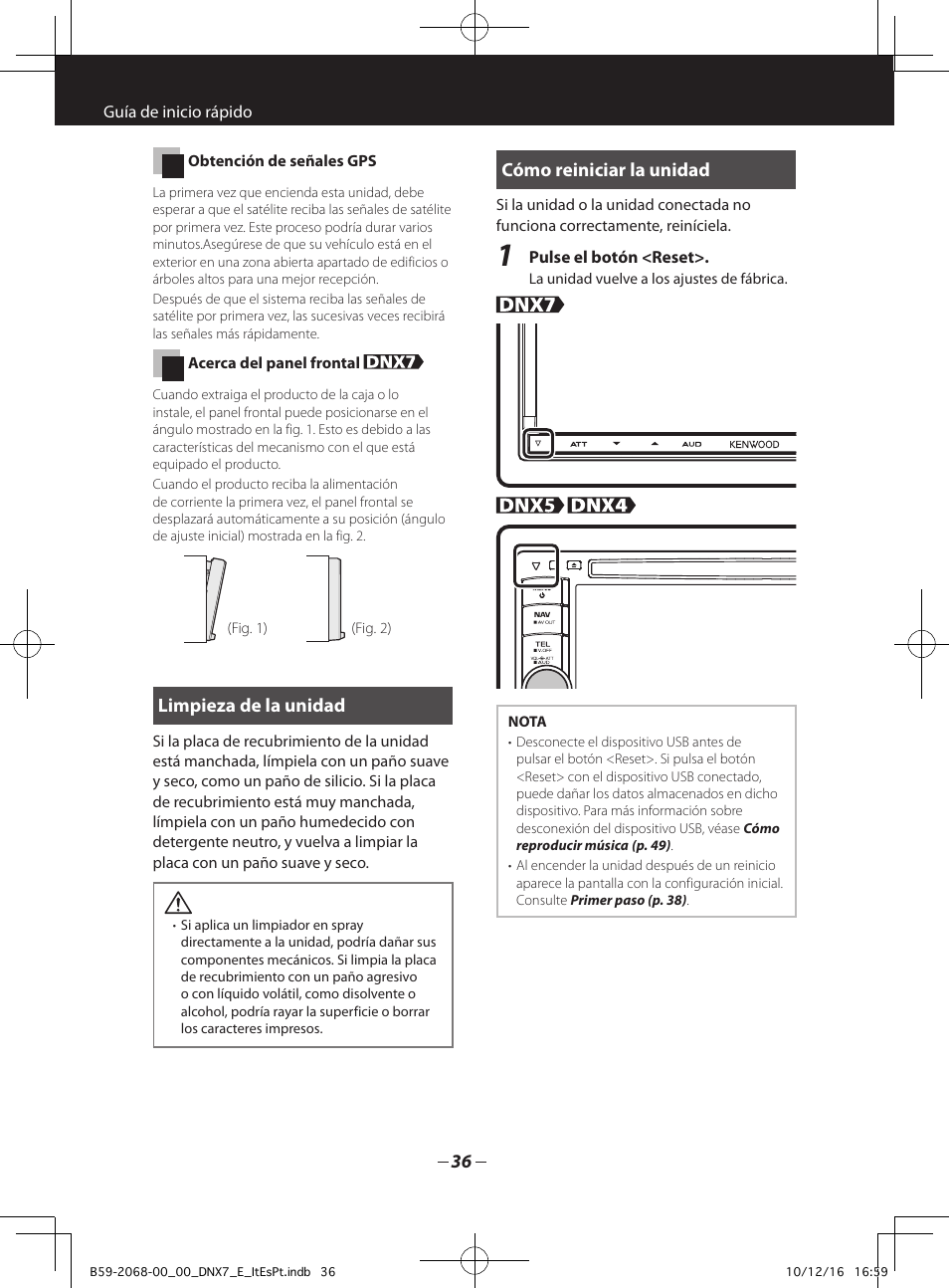 Limpieza de la unidad, Cómo reiniciar la unidad | Kenwood DNX7280BT User Manual | Page 4 / 33