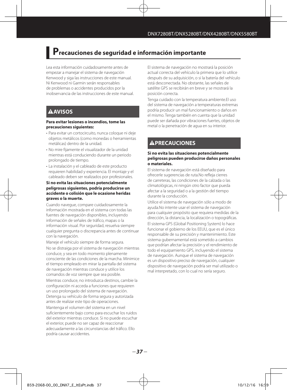 Recauciones de seguridad e información importante | Kenwood DNX7280BT User Manual | Page 5 / 33
