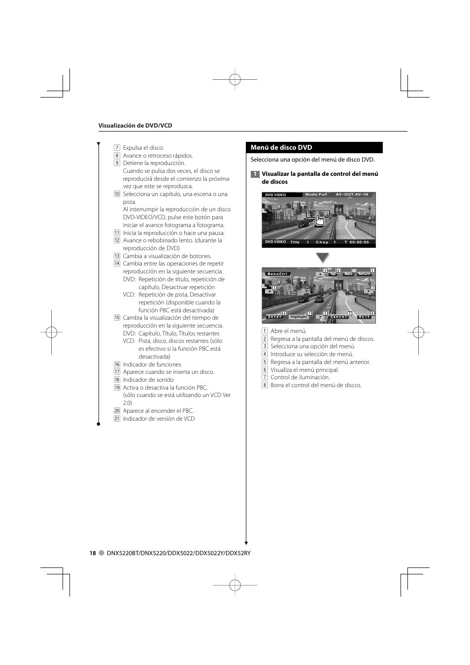 Menú de disco dvd | Kenwood DDX5022 User Manual | Page 18 / 96