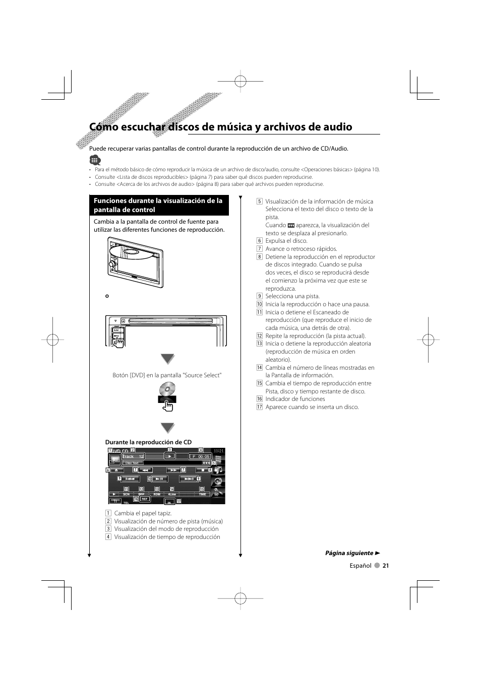 Cómo escuchar discos de música y archivos de audio | Kenwood DDX5022 User Manual | Page 21 / 96