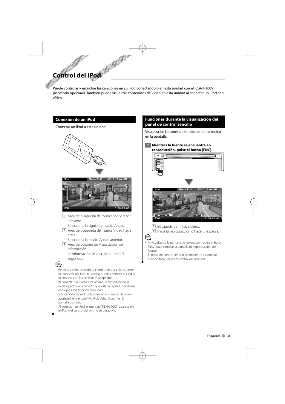 Control del ipod, Conexión de un ipod | Kenwood DDX5022 User Manual | Page 31 / 96