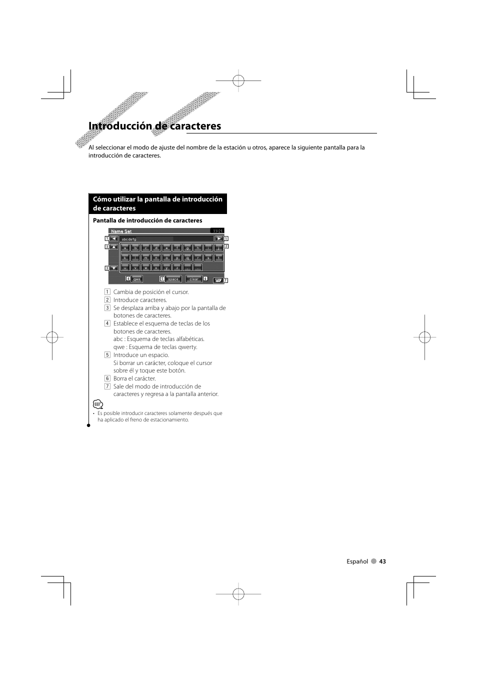 Introducción de caracteres | Kenwood DDX5022 User Manual | Page 43 / 96