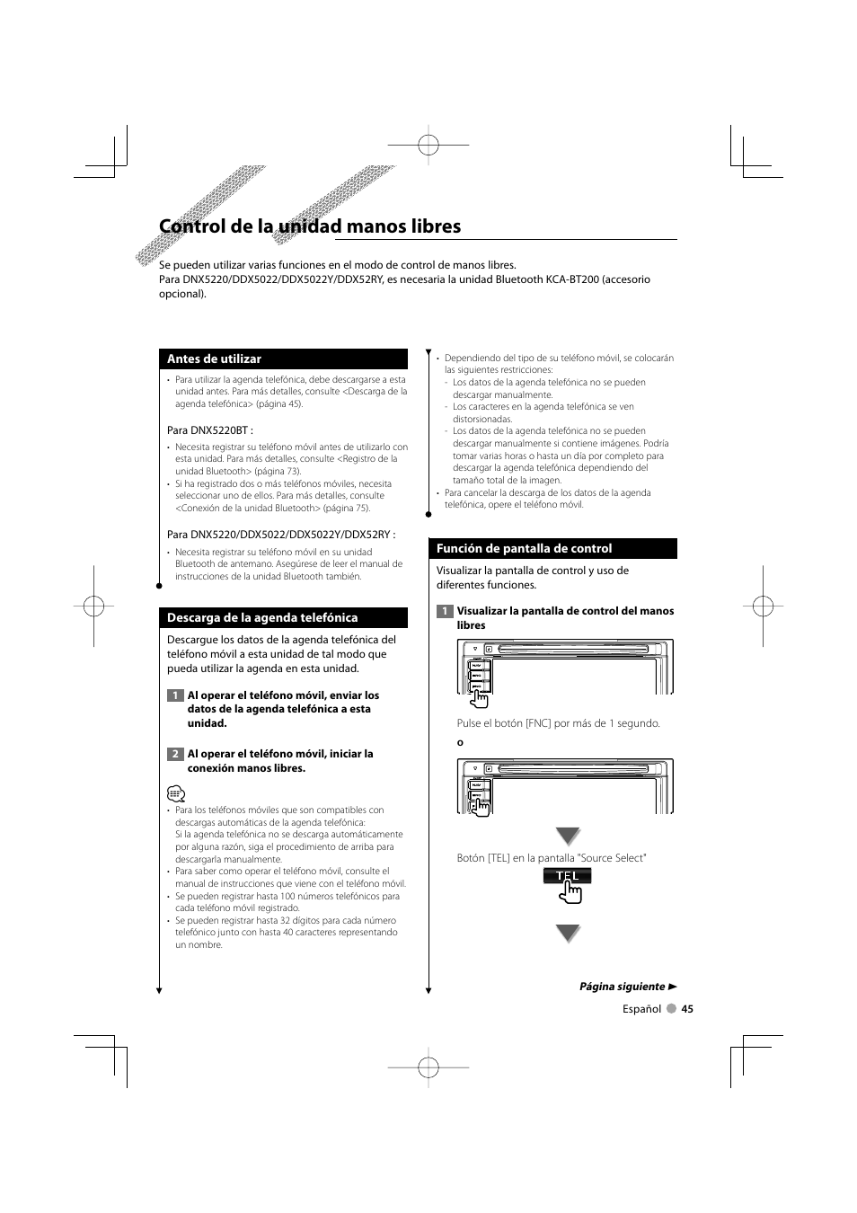 Control de la unidad manos libres | Kenwood DDX5022 User Manual | Page 45 / 96