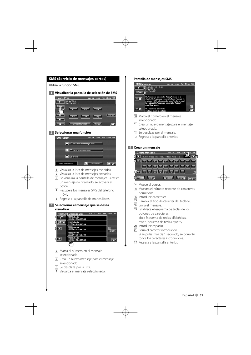 Sms (servicio de mensajes cortos) | Kenwood DDX5022 User Manual | Page 55 / 96