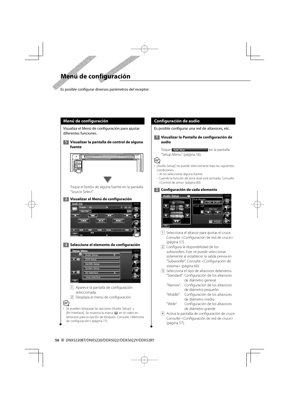 Menú de configuración | Kenwood DDX5022 User Manual | Page 56 / 96