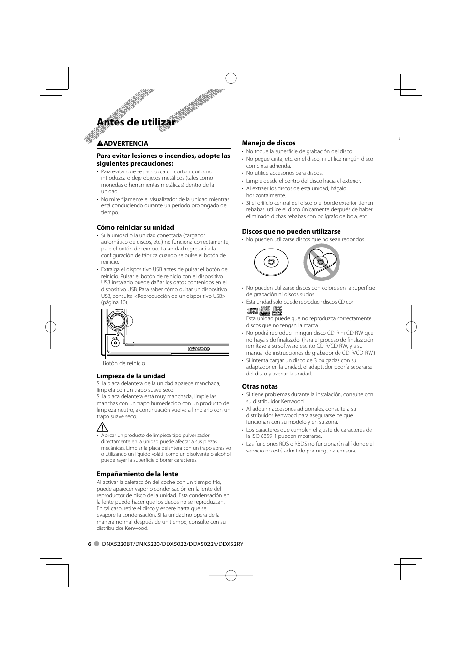 Antes de utilizar | Kenwood DDX5022 User Manual | Page 6 / 96