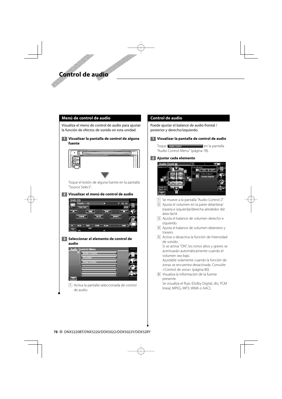 Control de audio | Kenwood DDX5022 User Manual | Page 78 / 96