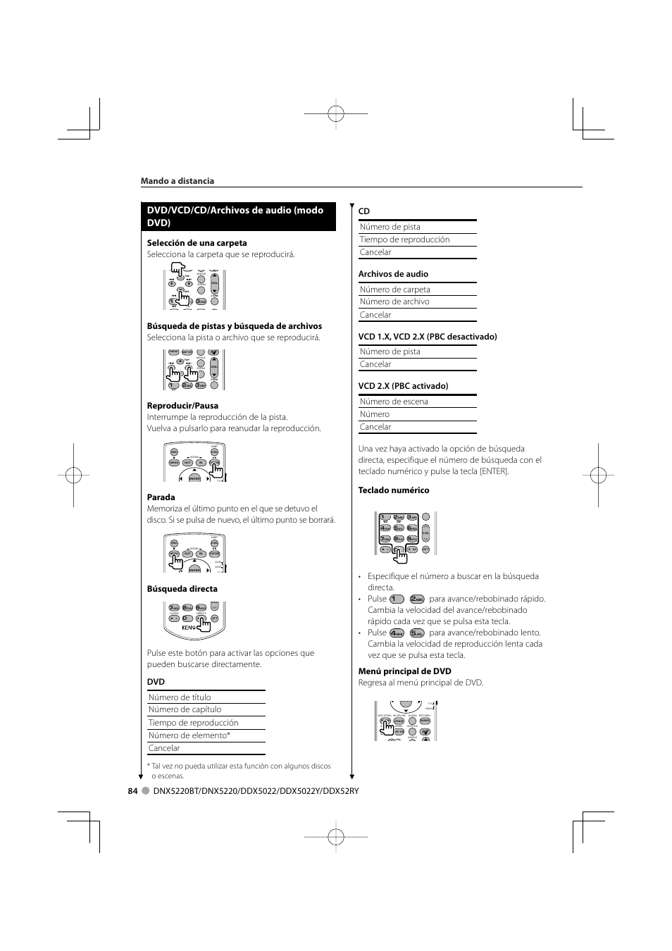 Dvd/vcd/cd/archivos de audio (modo dvd), Búsqueda directa, Mando a distancia | Kenwood DDX5022 User Manual | Page 84 / 96