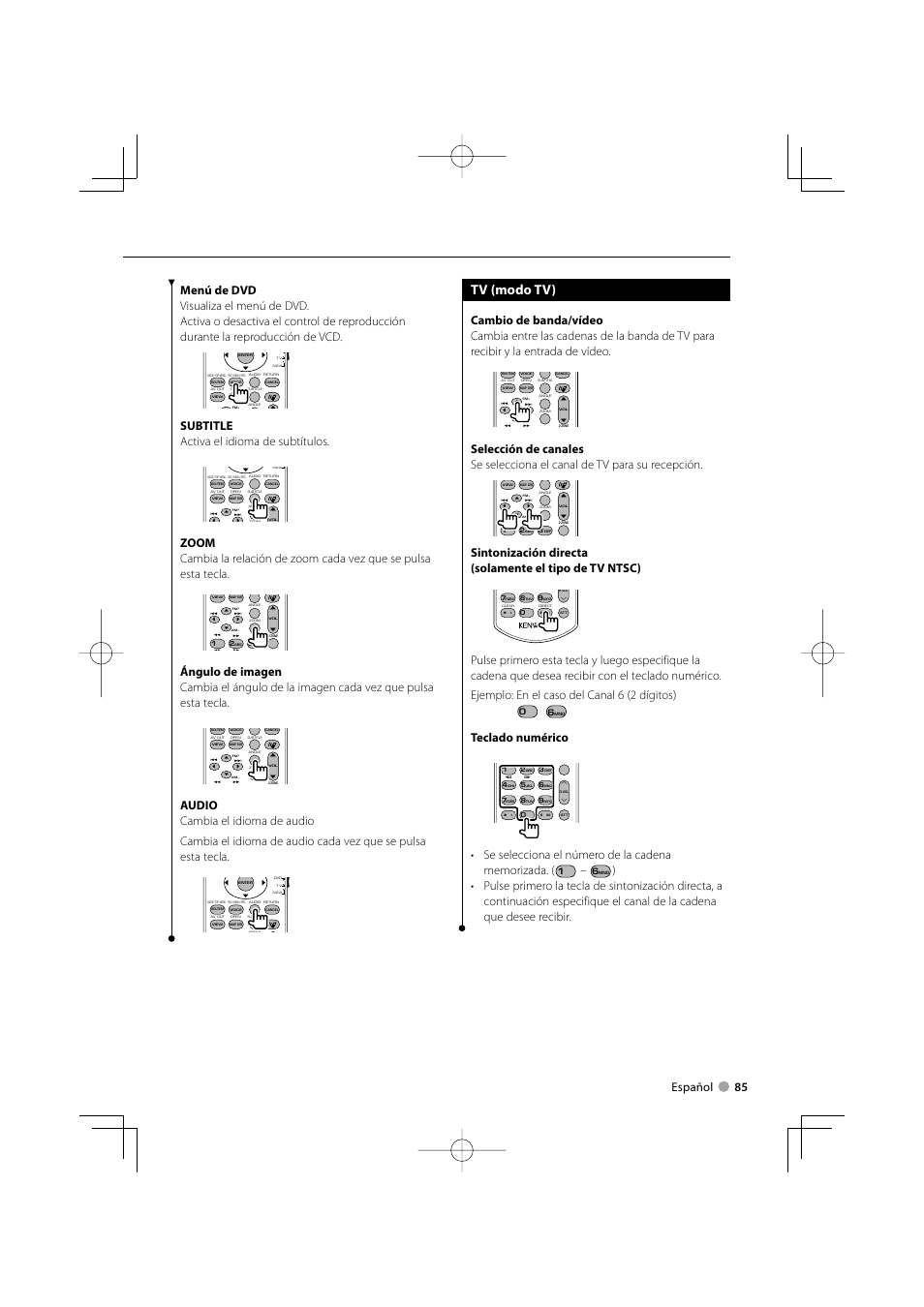 Tv (modo tv), Subtitle activa el idioma de subtítulos, Teclado numérico | Kenwood DDX5022 User Manual | Page 85 / 96