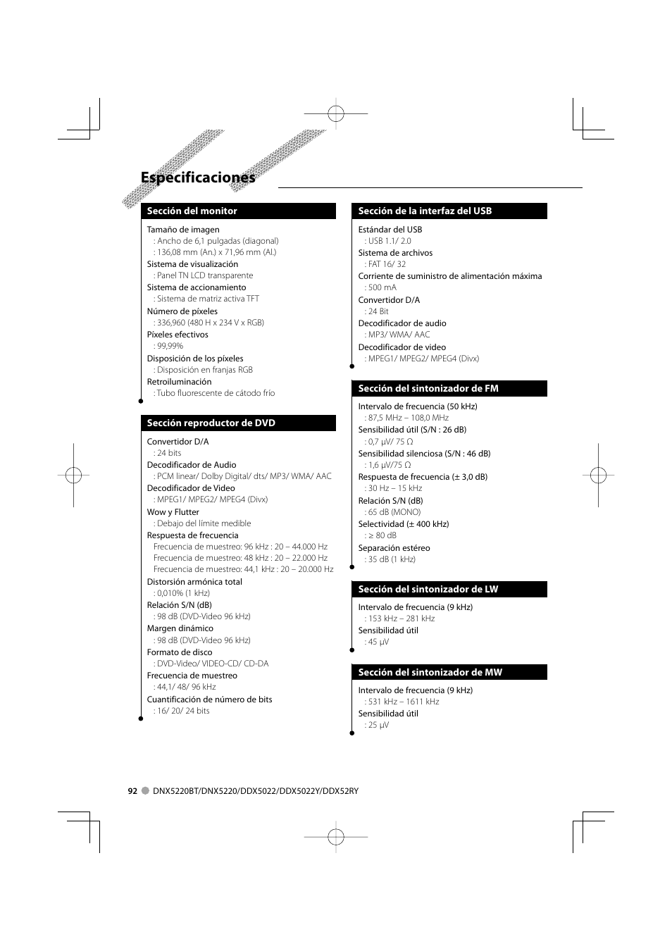 Especificaciones | Kenwood DDX5022 User Manual | Page 92 / 96