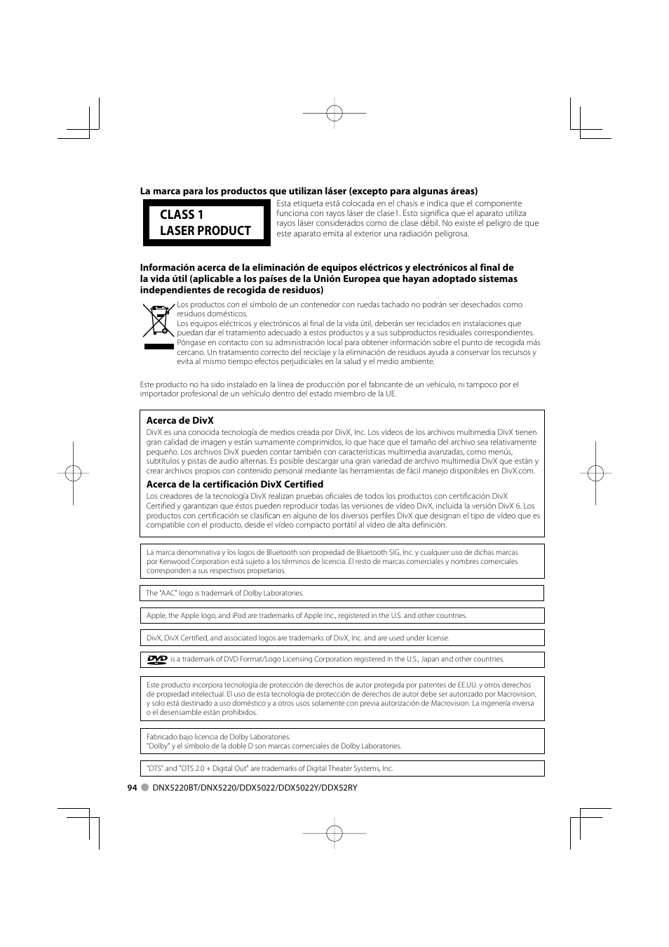 Class 1 laser product | Kenwood DDX5022 User Manual | Page 94 / 96