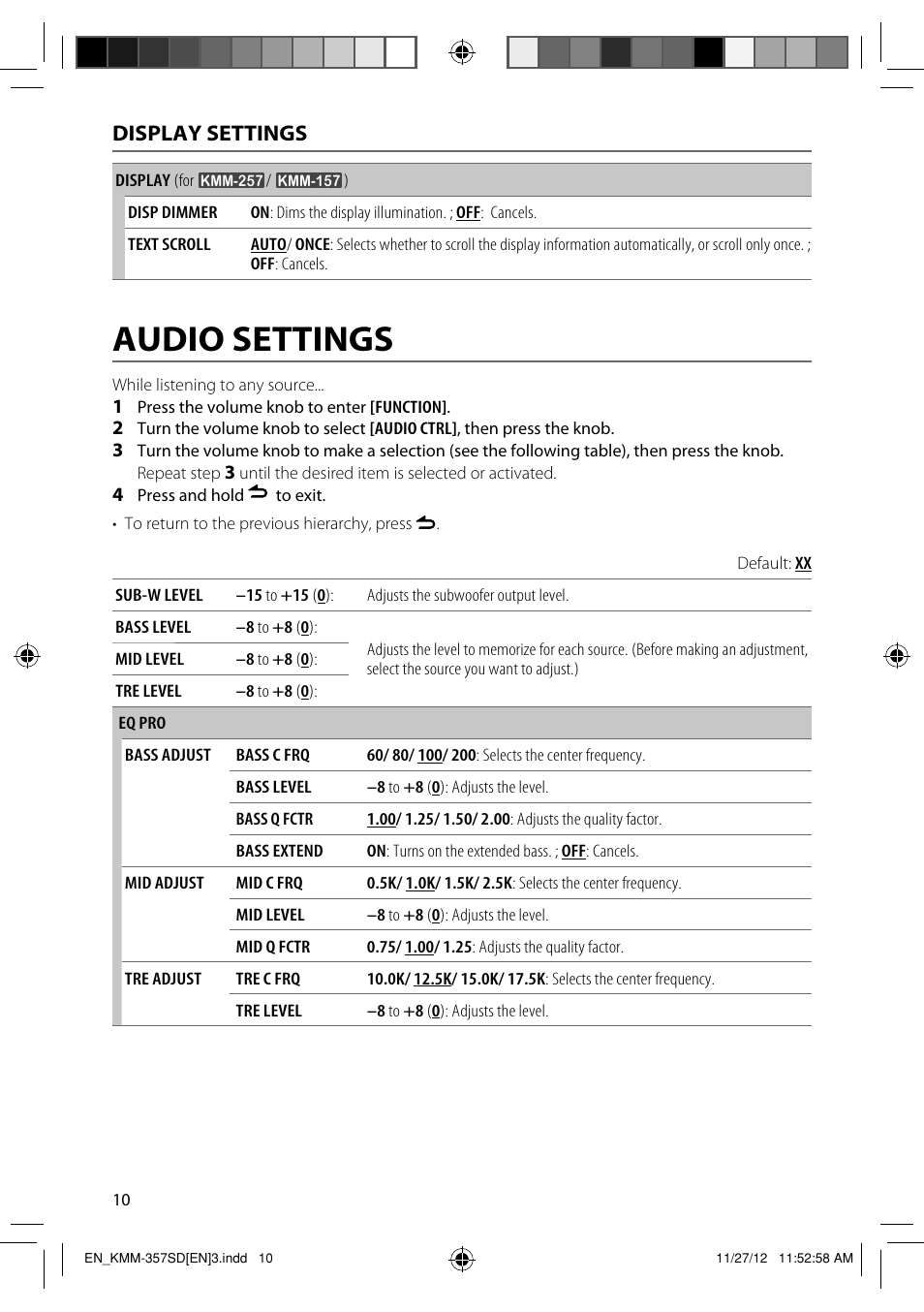 Audio settings, Display settings | Kenwood KMM-257 User Manual | Page 12 / 19