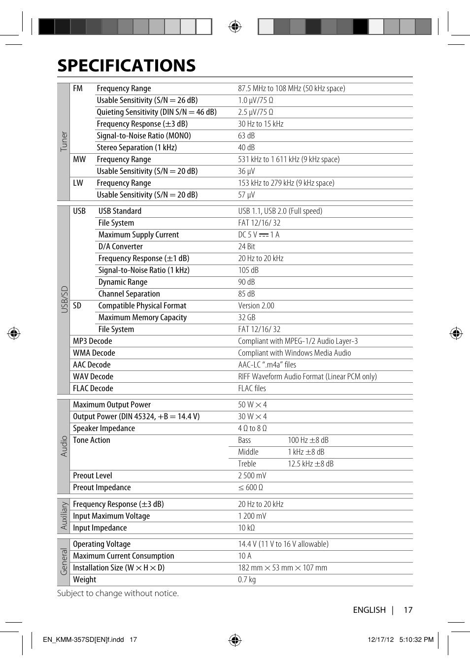 Specifications | Kenwood KMM-257 User Manual | Page 19 / 19