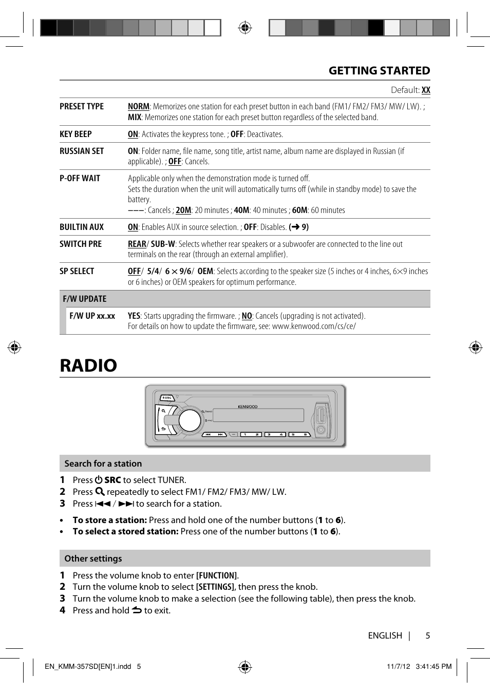 Radio, Getting started | Kenwood KMM-257 User Manual | Page 7 / 19