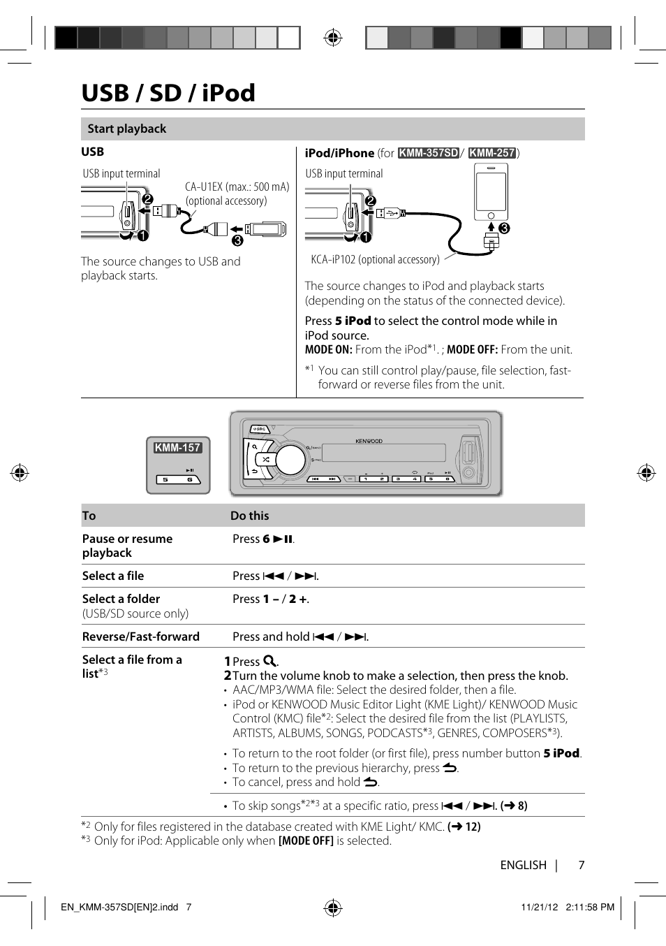 Usb / sd / ipod | Kenwood KMM-257 User Manual | Page 9 / 19