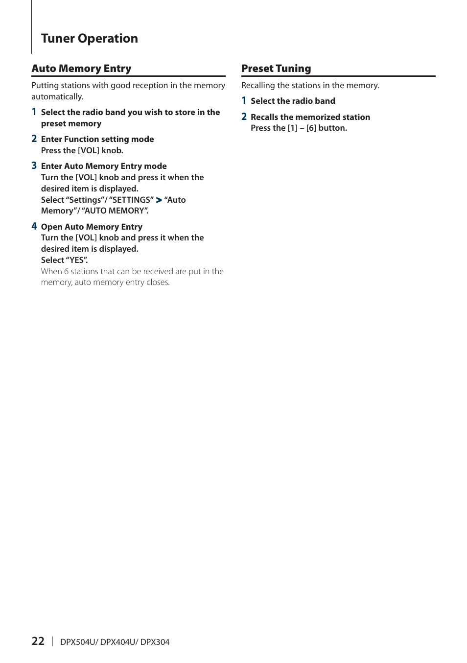 Auto memory entry, Preset tuning, Auto memory entry preset tuning | Tuner operation | Kenwood DPX504U User Manual | Page 22 / 79