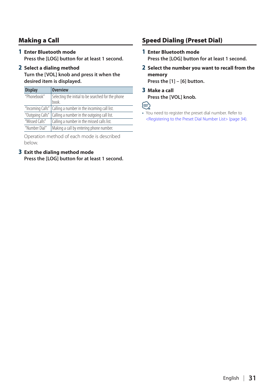 Making a call, Speed dialing (preset dial), Making a call speed dialing (preset dial) | Kenwood DPX504U User Manual | Page 31 / 79