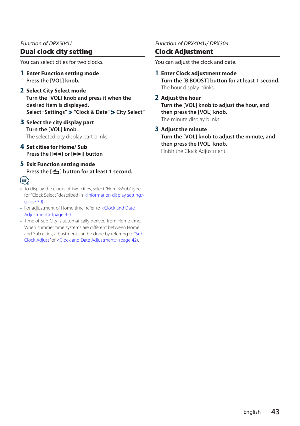 Dual clock city setting, Clock adjustment, Dual clock city setting clock adjustment | Dual clock, Dual clock city | Kenwood DPX504U User Manual | Page 43 / 79