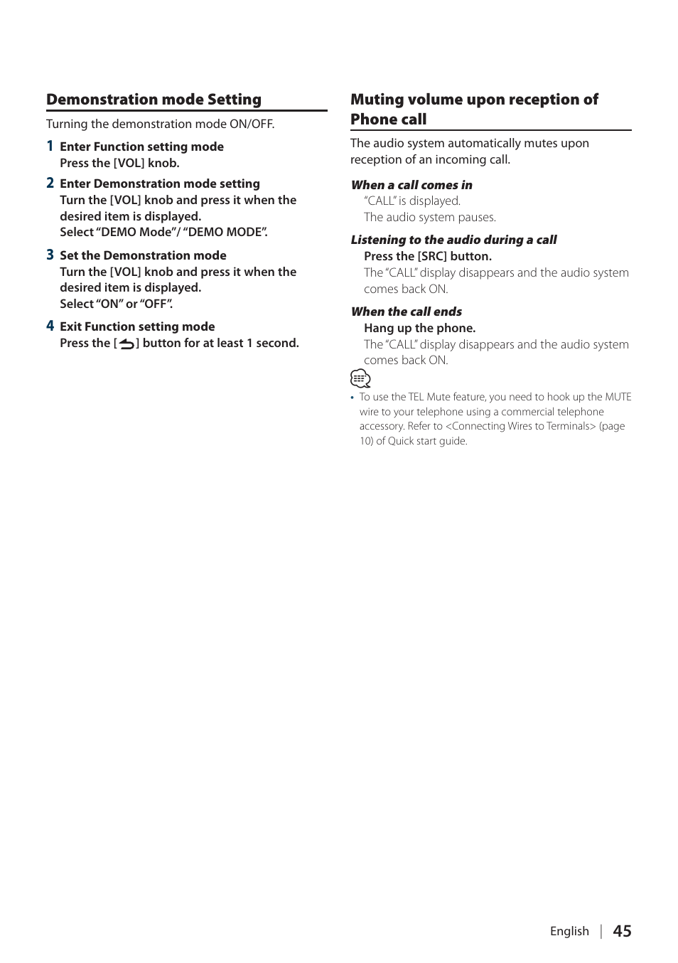 Demonstration mode setting, Muting volume upon reception of phone call, Demonstration mode | Russian”/ “russian set, Demonstration, Initial, Initial settings, Illumination color selection, Clock and date | Kenwood DPX504U User Manual | Page 45 / 79