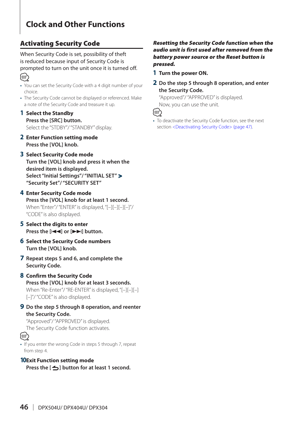 Activating security code, Clock and other functions | Kenwood DPX504U User Manual | Page 46 / 79