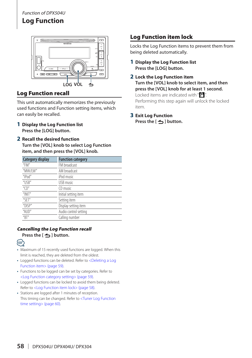 Log function, Log function recall, Log function item lock | Log function recall log function item lock | Kenwood DPX504U User Manual | Page 58 / 79