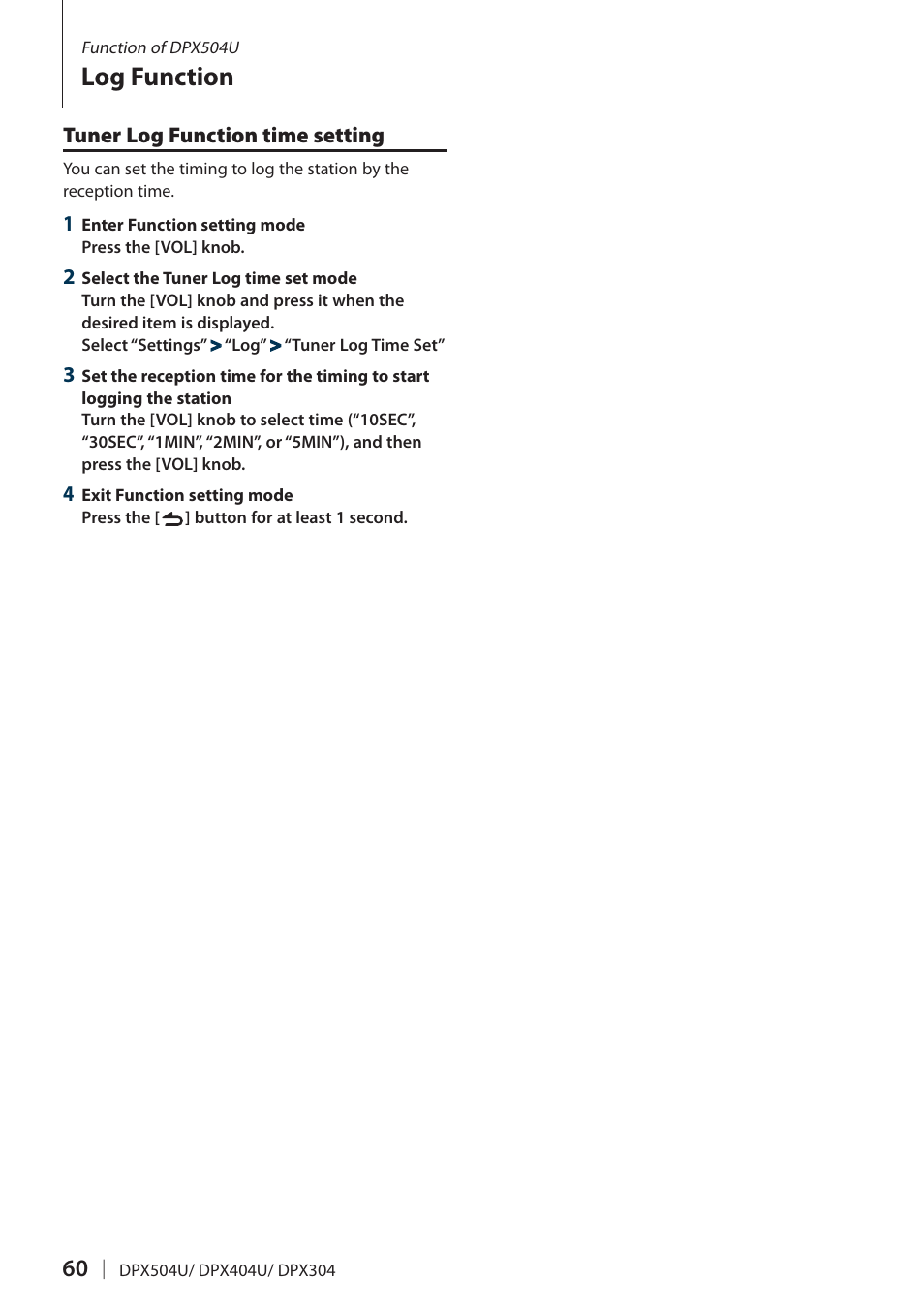 Tuner log function time setting, Tuner log function, Log function | Kenwood DPX504U User Manual | Page 60 / 79