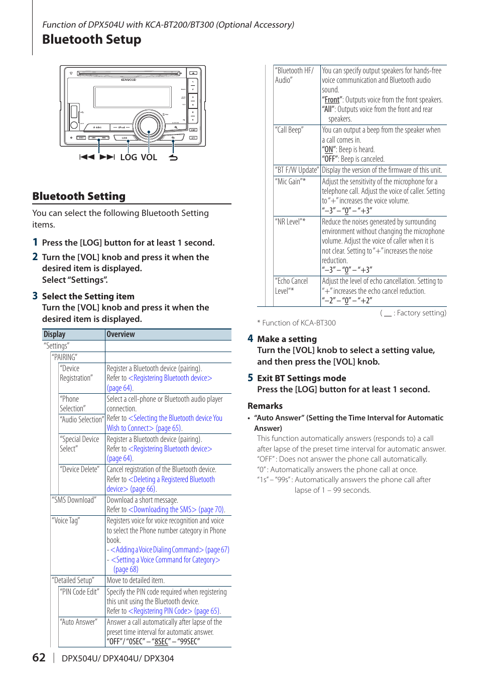 Bluetooth setup, Bluetooth setting | Kenwood DPX504U User Manual | Page 62 / 79