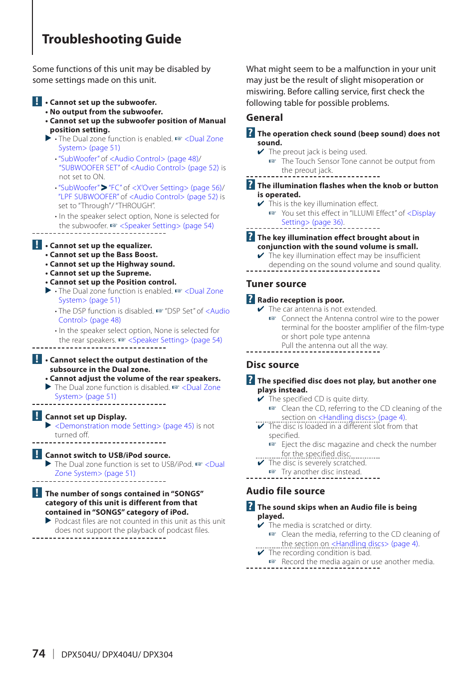 Troubleshooting guide, General, Tuner source | Disc source, Audio file source | Kenwood DPX504U User Manual | Page 74 / 79