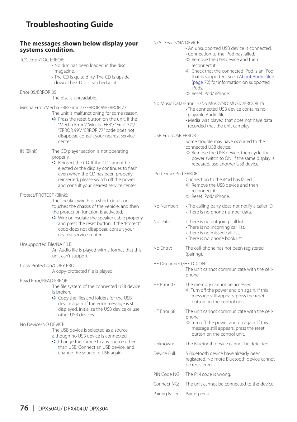 Troubleshooting guide | Kenwood DPX504U User Manual | Page 76 / 79