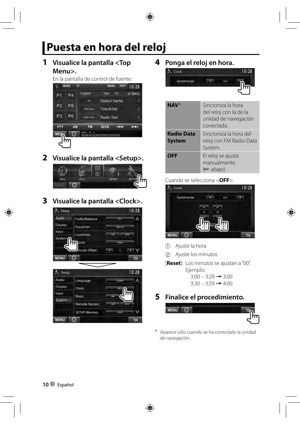 Puesta en hora del reloj | Kenwood DDX4023BT User Manual | Page 10 / 84