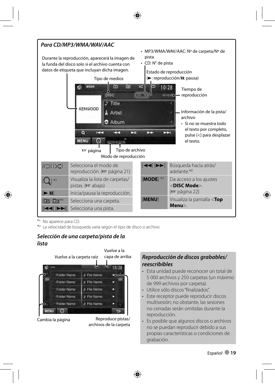 Reproducción de discos grabables/ reescribibles, Selección de una carpeta/pista de la lista, Para cd/mp3/wma/wav/aac | Kenwood DDX4023BT User Manual | Page 19 / 84