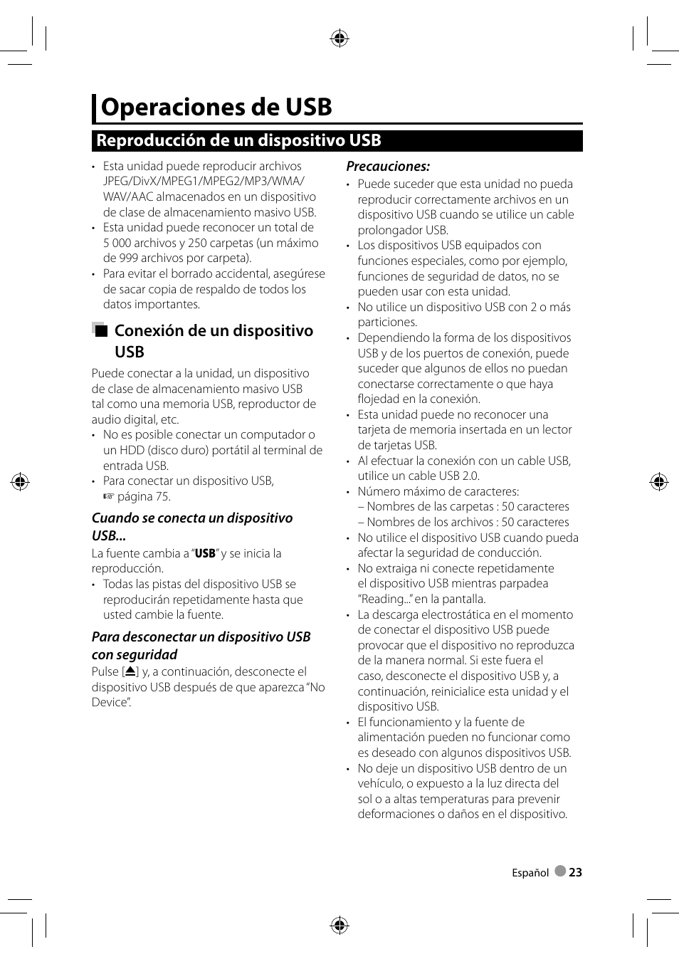 Operaciones de usb, Reproducción de un dispositivo usb, Conexión de un dispositivo usb | Kenwood DDX4023BT User Manual | Page 23 / 84