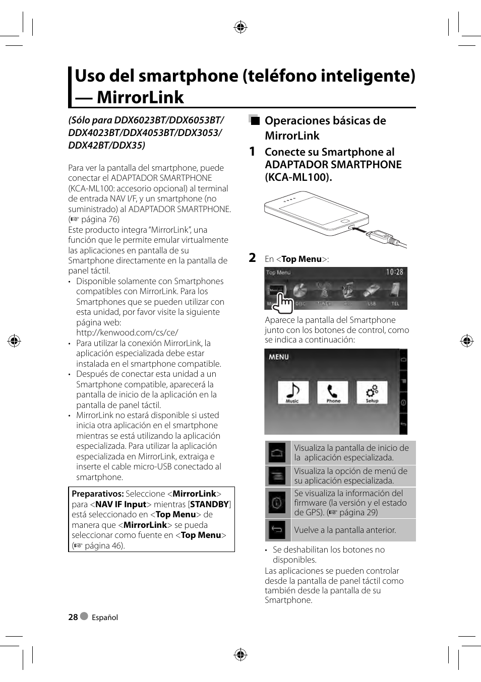 Operaciones básicas de mirrorlink | Kenwood DDX4023BT User Manual | Page 28 / 84