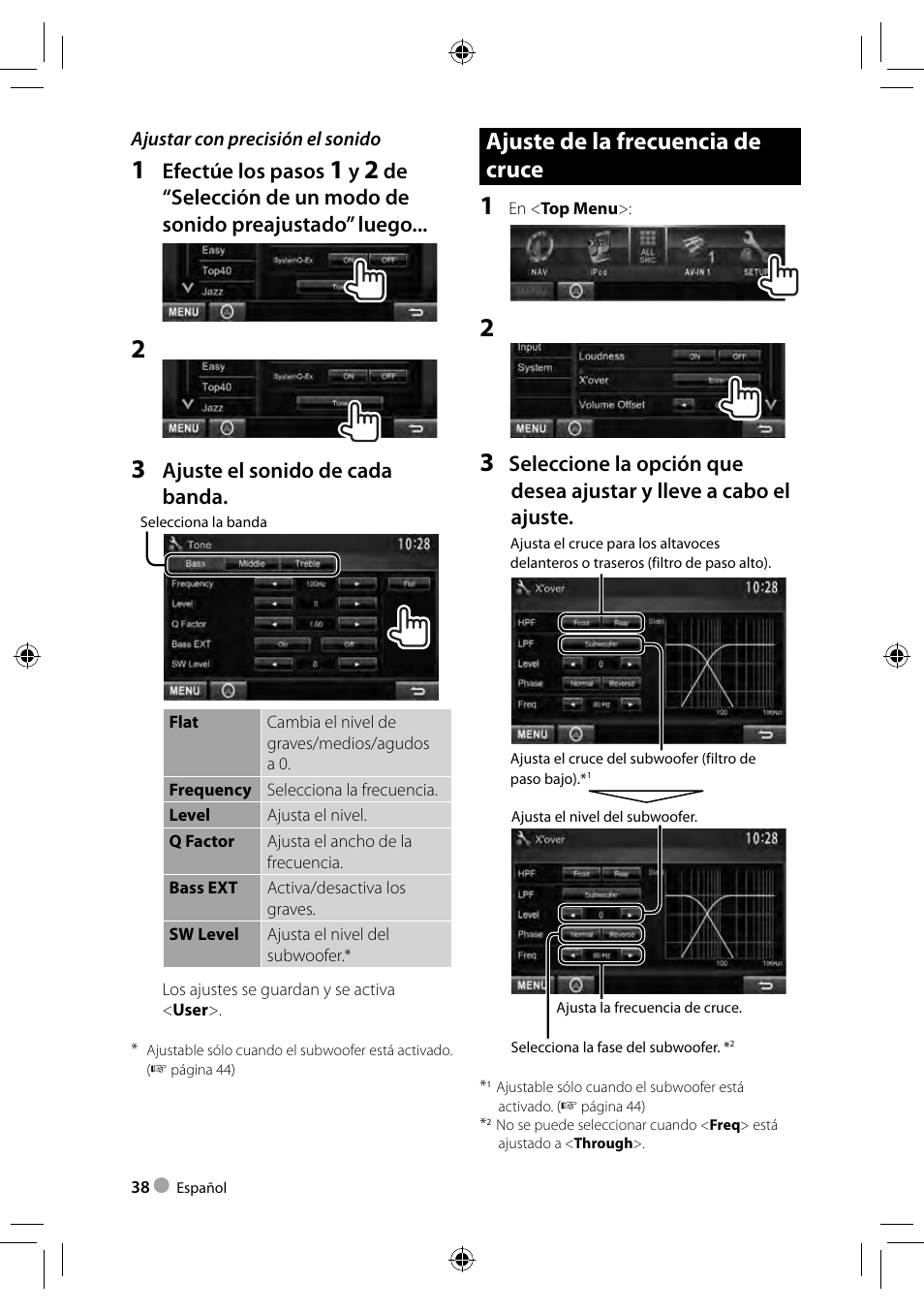 Ajuste de la frecuencia de cruce, Efectúe los pasos, Ajuste el sonido de cada banda | Kenwood DDX4023BT User Manual | Page 38 / 84