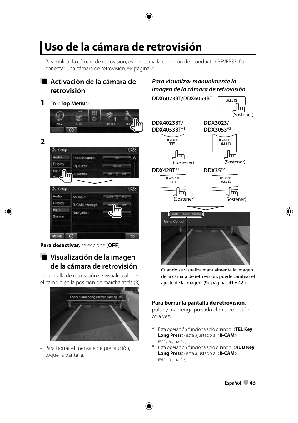 Uso de la cámara de retrovisión, Activación de la cámara de retrovisión | Kenwood DDX4023BT User Manual | Page 43 / 84