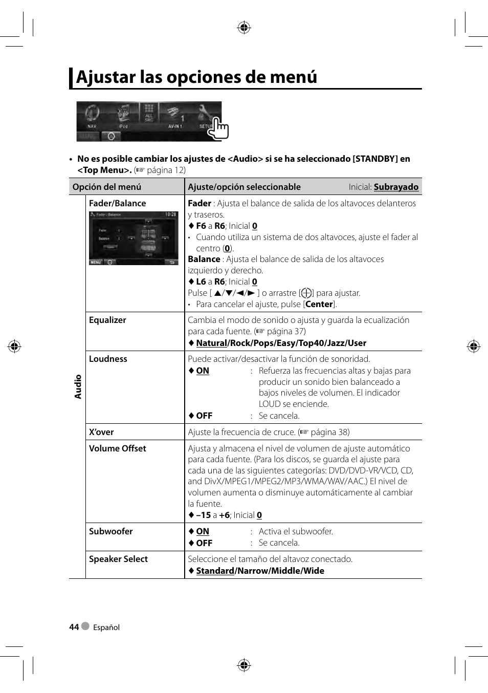 Ajustar las opciones de menú | Kenwood DDX4023BT User Manual | Page 44 / 84