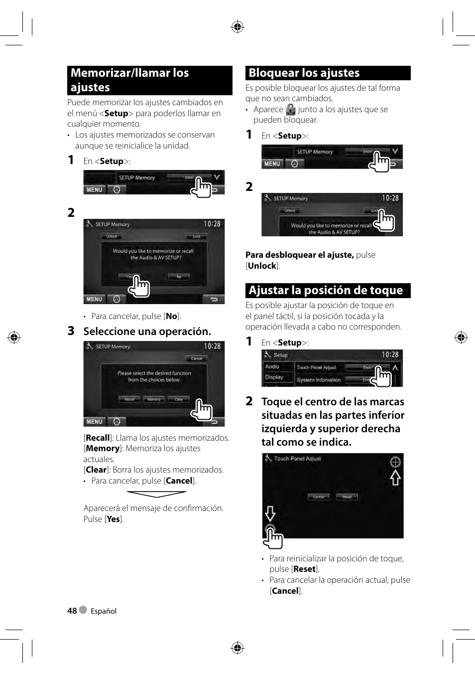 Bloquear los ajustes, Ajustar la posición de toque | Kenwood DDX4023BT User Manual | Page 48 / 84