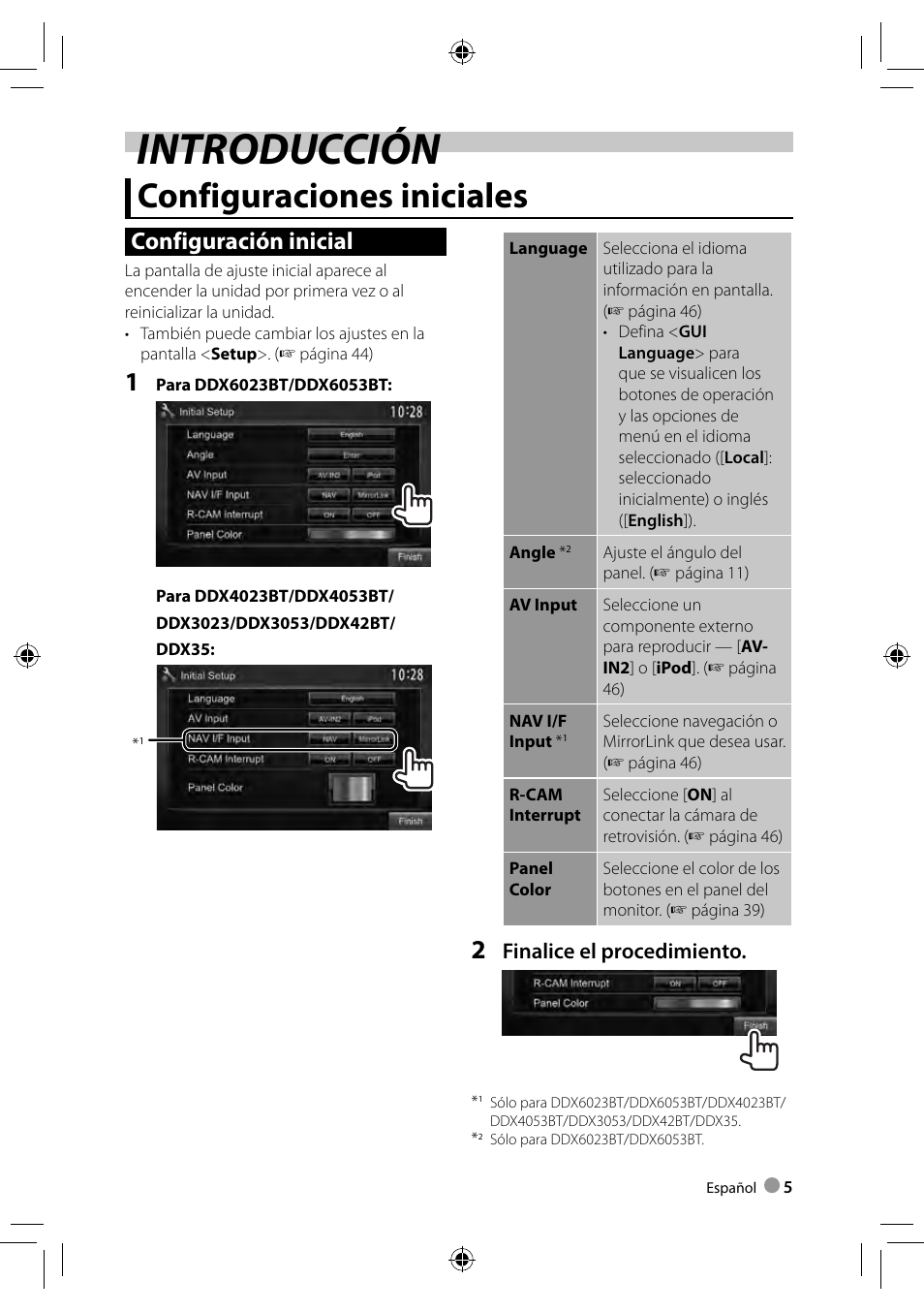 Introducción, Configuraciones iniciales, Configuración inicial | Finalice el procedimiento | Kenwood DDX4023BT User Manual | Page 5 / 84