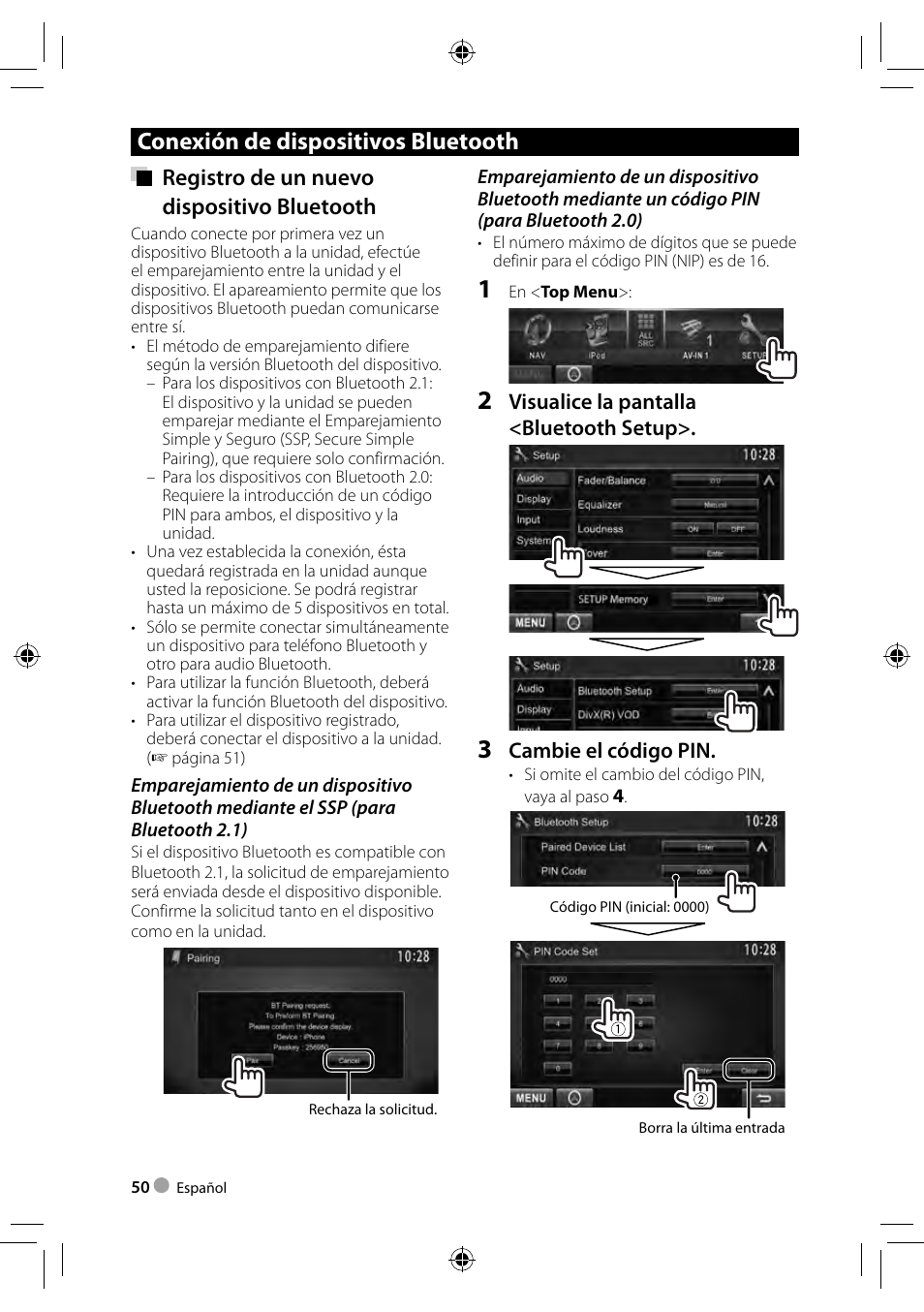 Conexión de dispositivos bluetooth, Registro de un nuevo dispositivo bluetooth | Kenwood DDX4023BT User Manual | Page 50 / 84