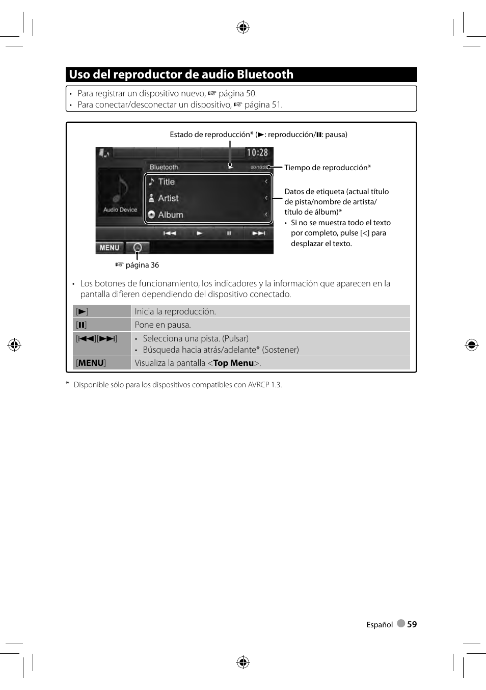 Uso del reproductor de audio bluetooth | Kenwood DDX4023BT User Manual | Page 59 / 84