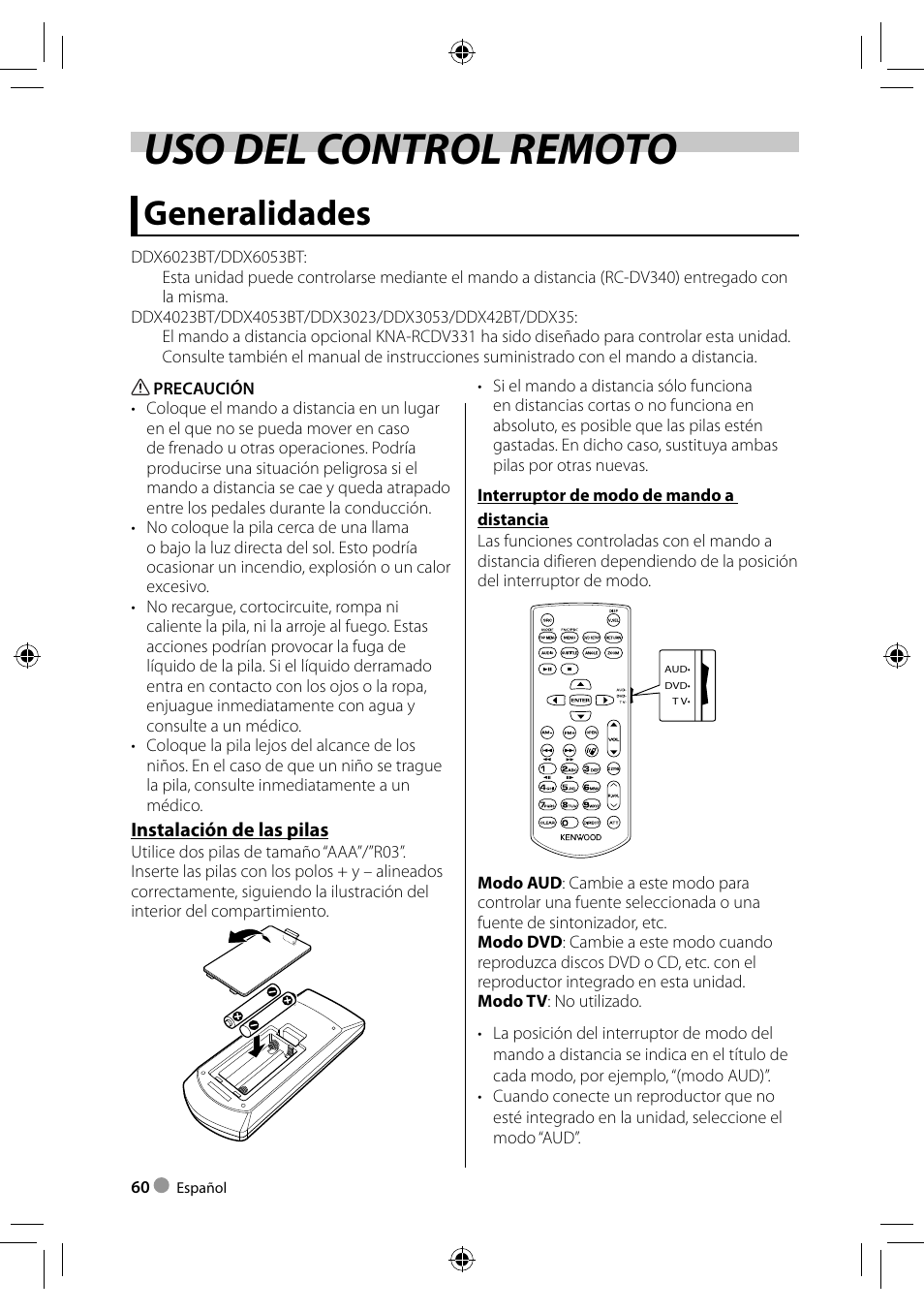 Uso del control remoto, Generalidades | Kenwood DDX4023BT User Manual | Page 60 / 84