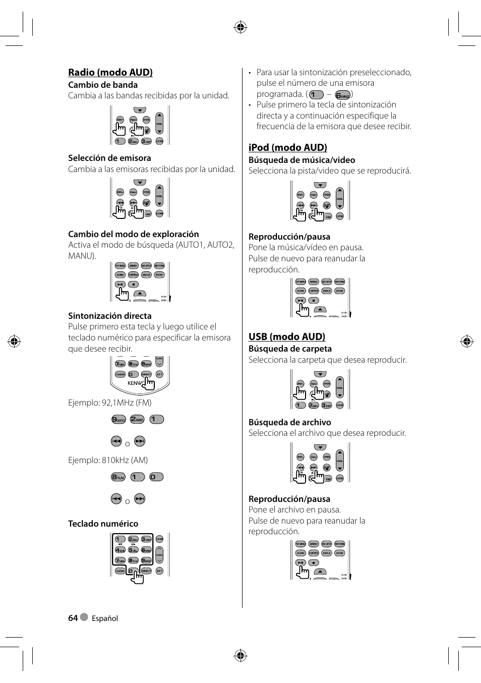 Radio (modo aud), Ipod (modo aud), Usb (modo aud) | Kenwood DDX4023BT User Manual | Page 64 / 84