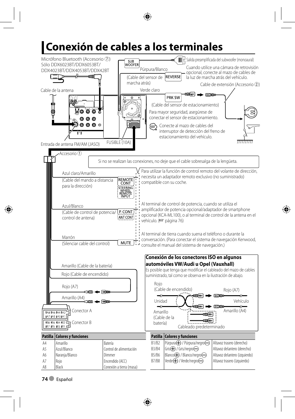 Conexión de cables a los terminales | Kenwood DDX4023BT User Manual | Page 74 / 84