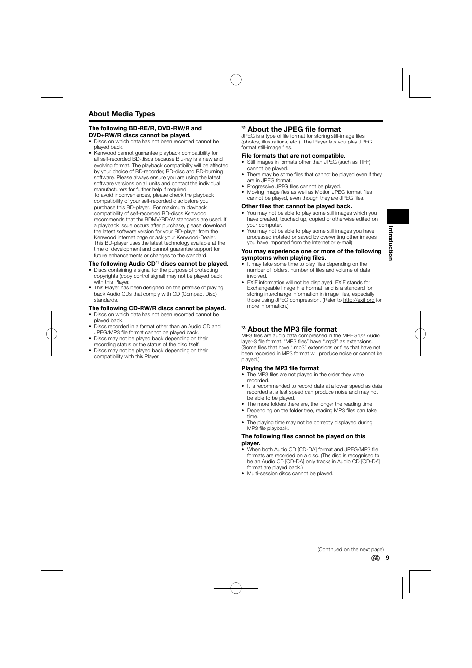 About media types, About the jpeg file format, About the mp3 file format | Kenwood BD-7000 User Manual | Page 10 / 55