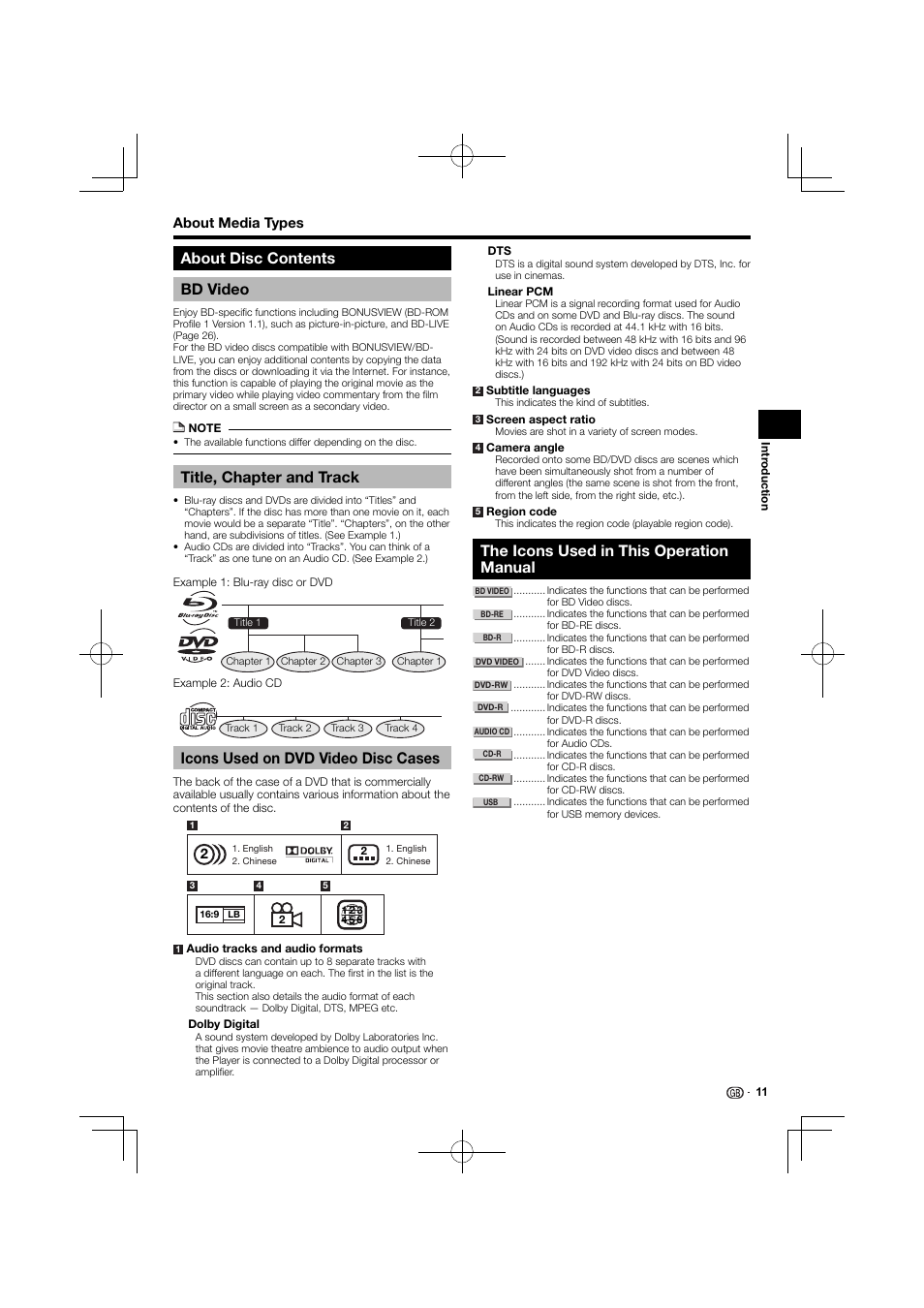 Icons used on dvd video disc cases, The icons used in this operation manual, About disc contents bd video | Title, chapter and track, About media types | Kenwood BD-7000 User Manual | Page 12 / 55