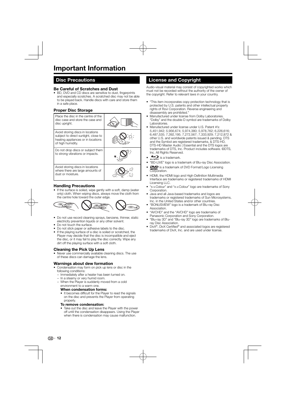 Important information, Disc precautions, License and copyright | Kenwood BD-7000 User Manual | Page 13 / 55